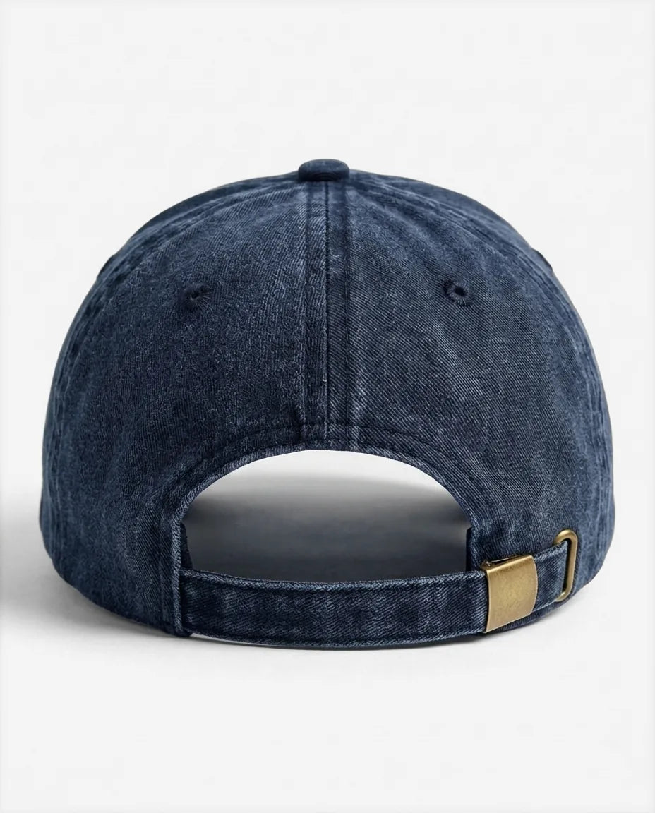 Absolutely not dad hat in Blu navy, back view with brass buckle strap