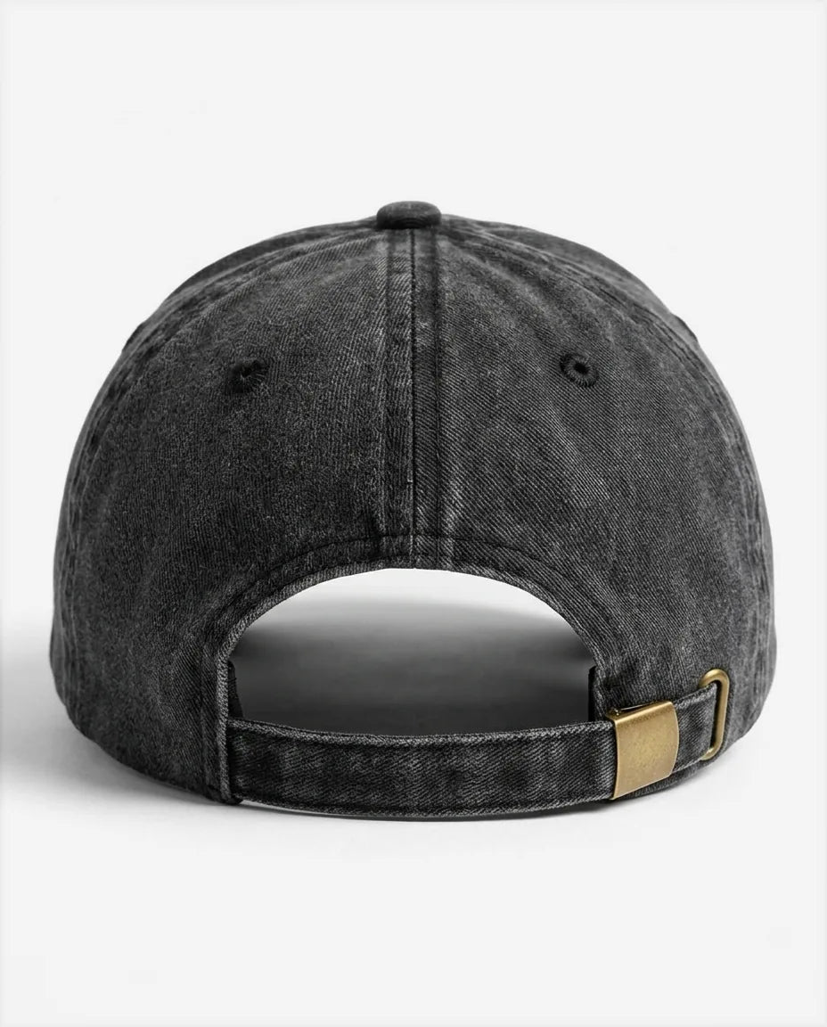 Absolutely not dad hat in Black, back view with brass buckle strap