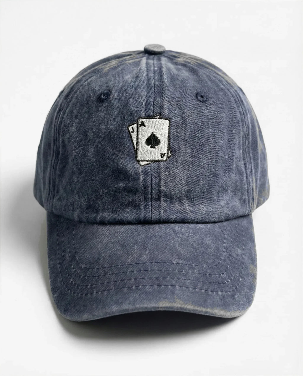 Ace of Spades dad hat in Blu navy, front view: embroidered ace of spades playing cards, washed cotton