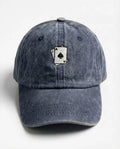 Ace of Spades dad hat in Blu navy, front view: embroidered ace of spades playing cards, washed cotton