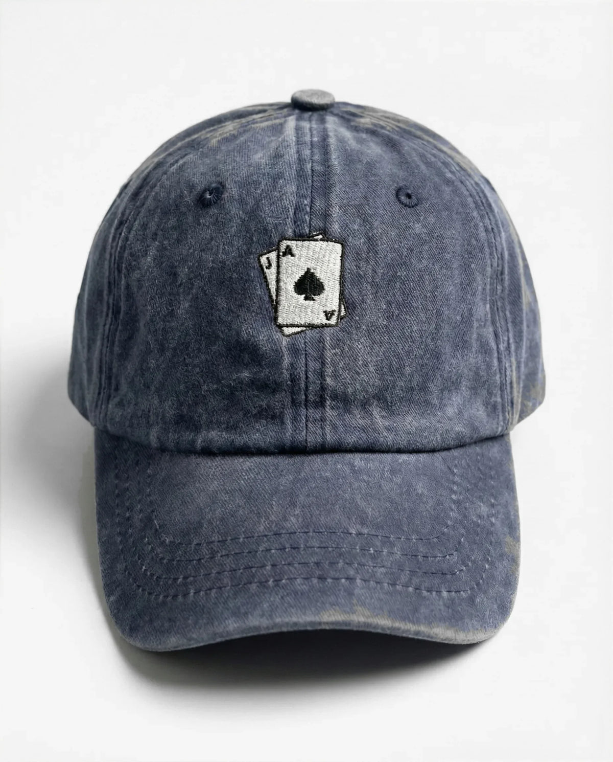 Ace of Spades dad hat in Blu navy, front view: embroidered ace of spades playing cards, washed cotton