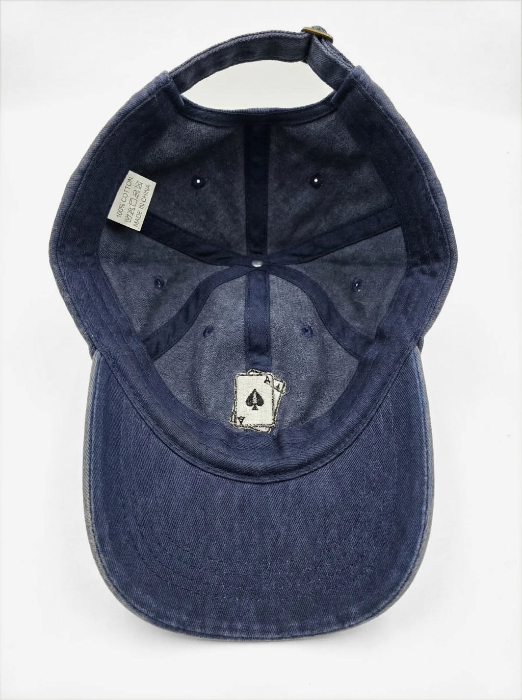 Ace of Spades dad hat in Blu navy, inside view with label