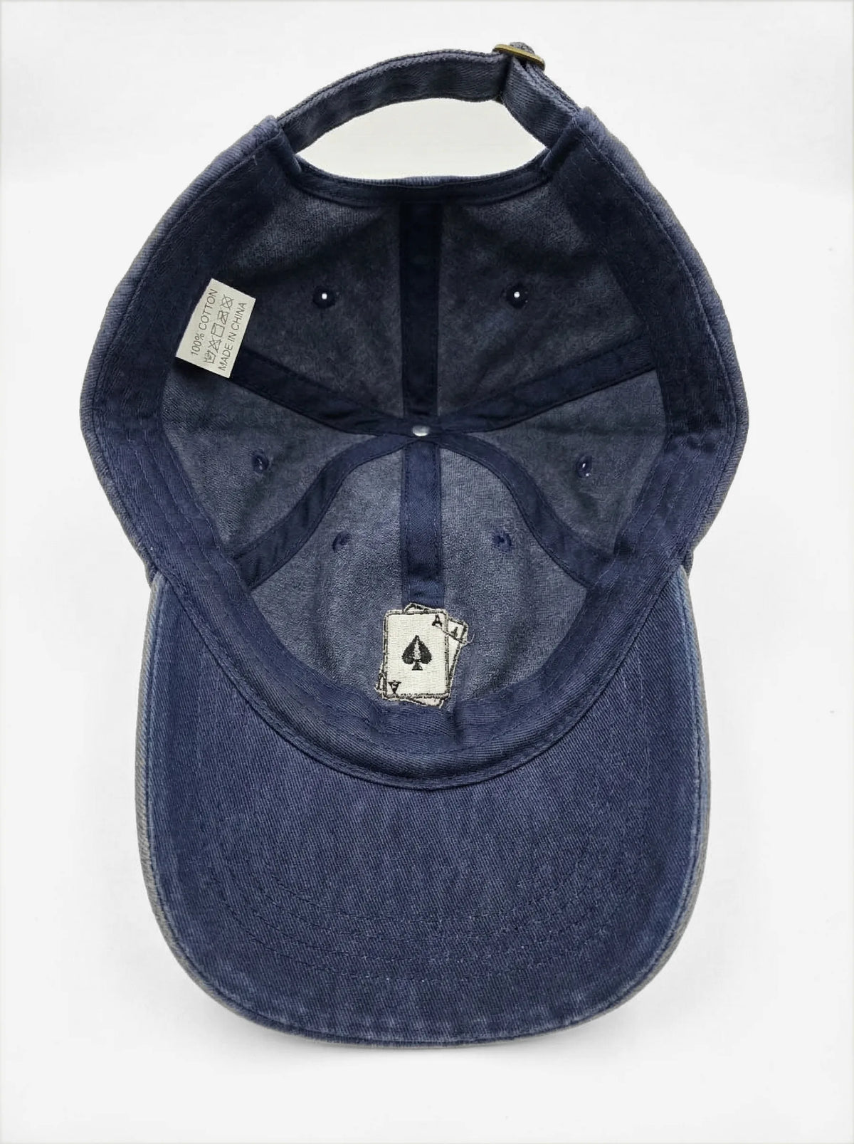 Ace of Spades dad hat in Blu navy, inside view with label