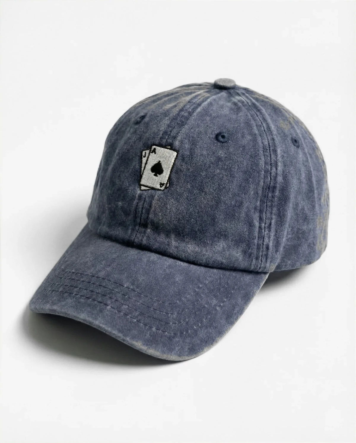 Ace of Spades dad hat in Blu navy, side view: embroidered ace of spades playing cards, washed cotton