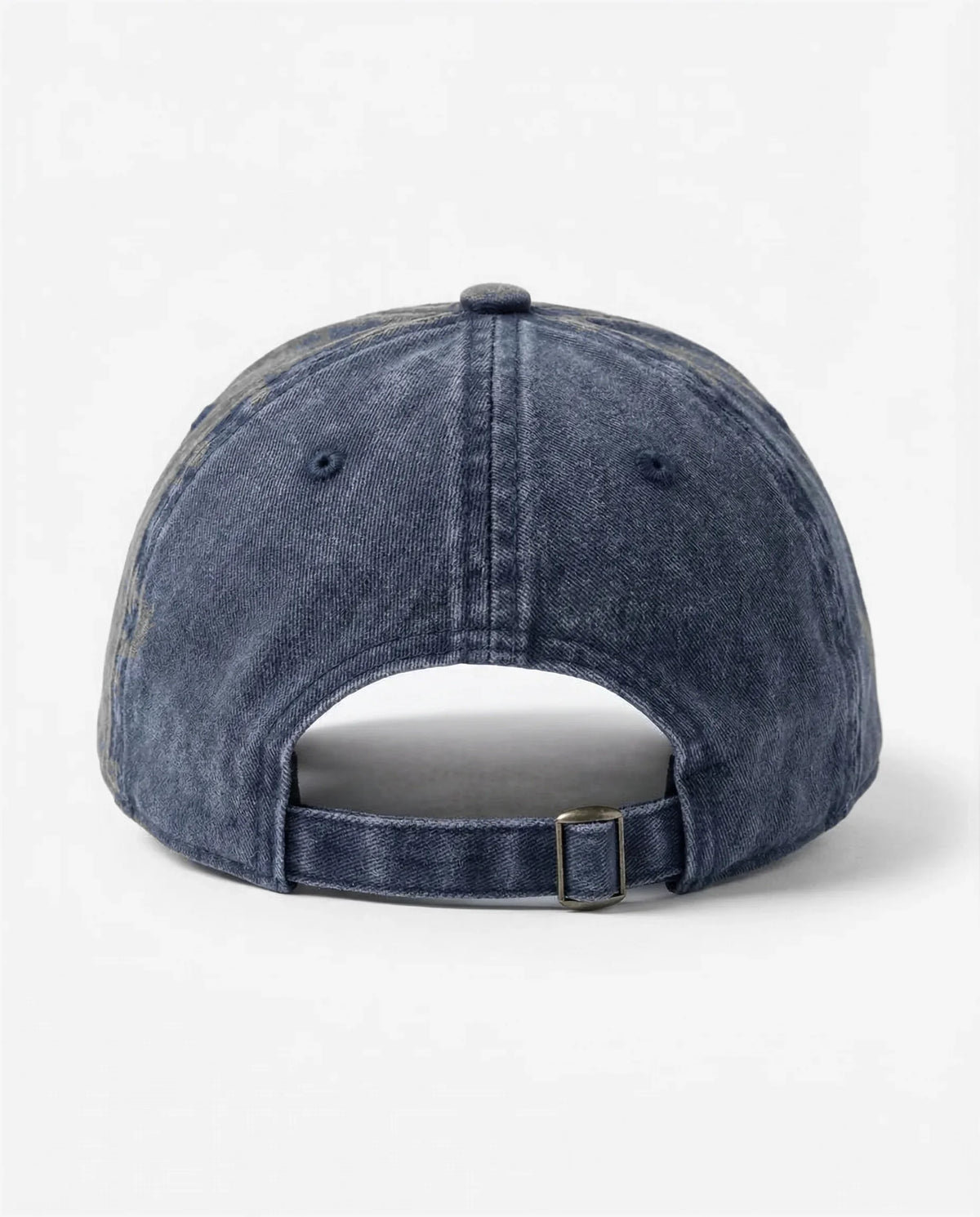 Ace of Spades dad hat in Blu navy, back view with brass buckle strap