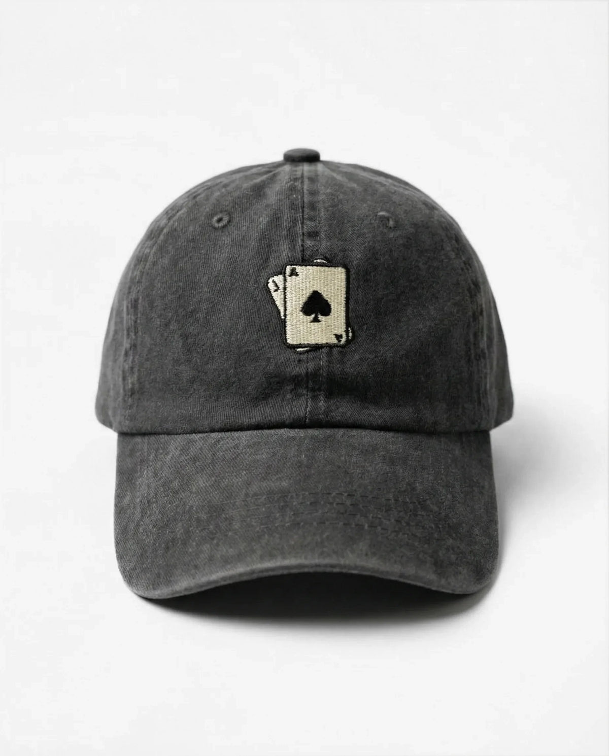 Ace of Spades dad hat in Black, front view: embroidered ace of spades playing cards, washed cotton