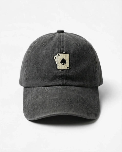 Ace of Spades dad hat in Black, front view: embroidered ace of spades playing cards, washed cotton