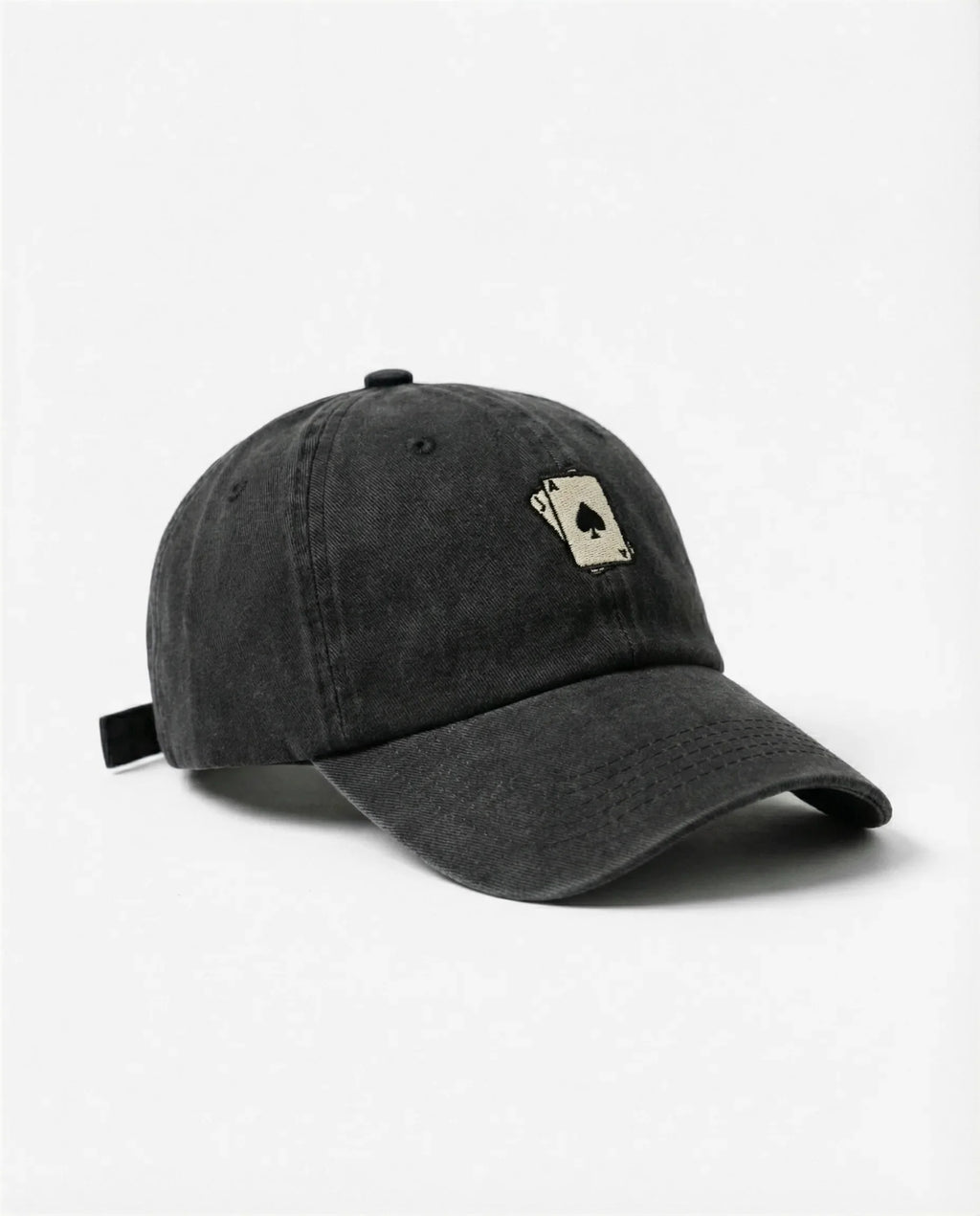 Ace of Spades dad hat in Black, side view: embroidered ace of spades playing cards, washed cotton