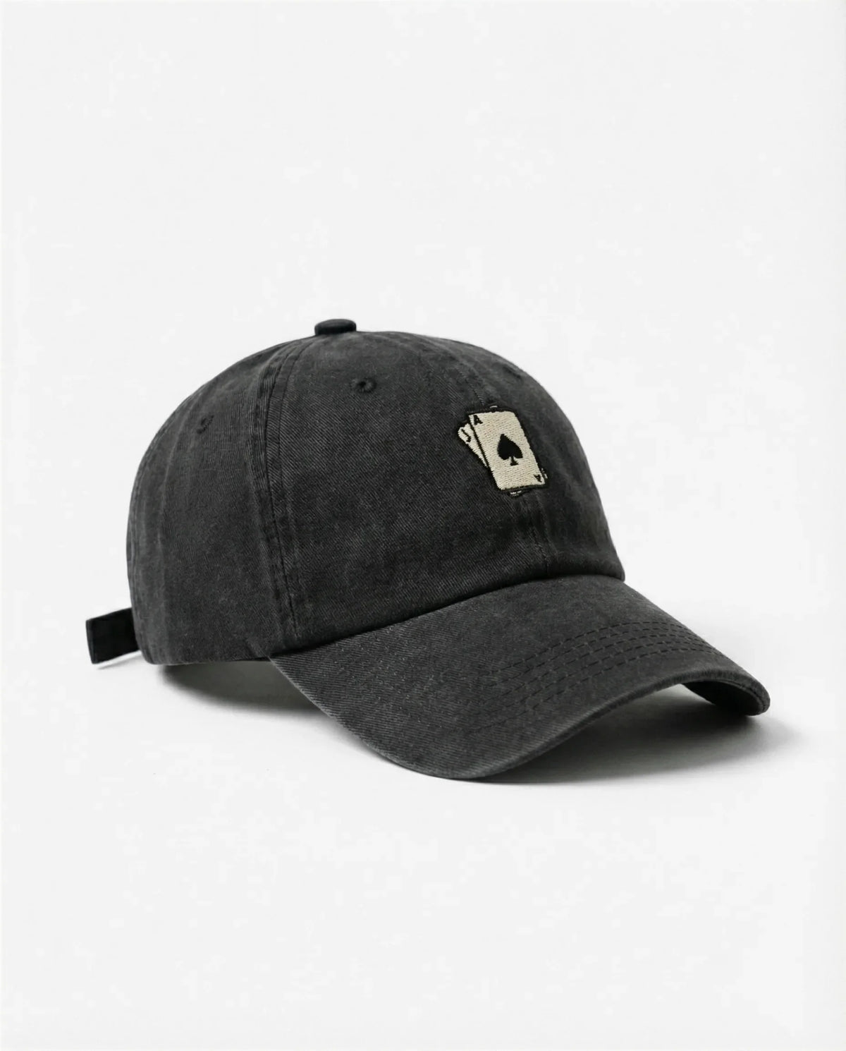 Ace of Spades dad hat in Black, side view: embroidered ace of spades playing cards, washed cotton