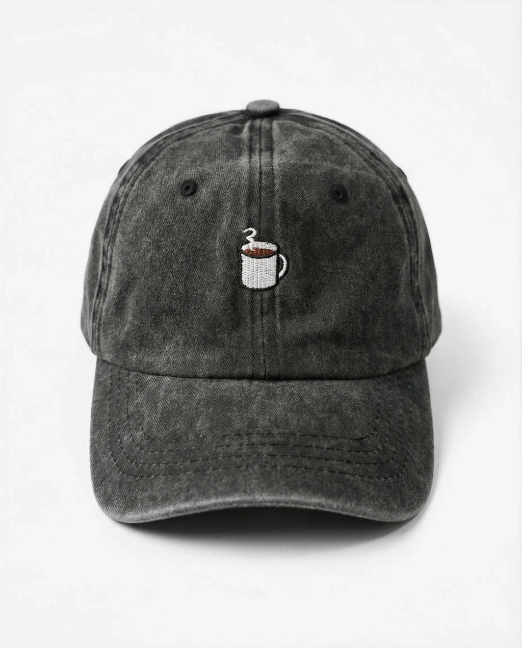 Coffee Cup dad hat in Black, front view: embroidered coffee cup, washed cotton