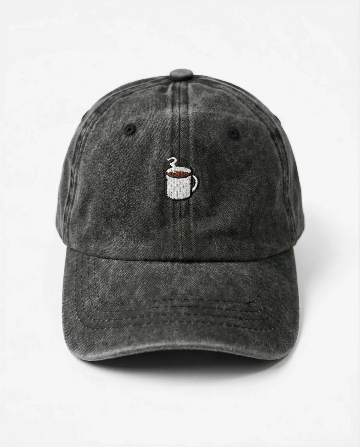 Coffee Cup dad hat in Black, front view: embroidered coffee cup, washed cotton