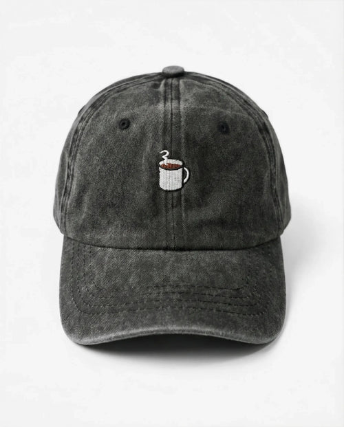 Coffee Cup dad hat in Black, front view: embroidered coffee cup, washed cotton
