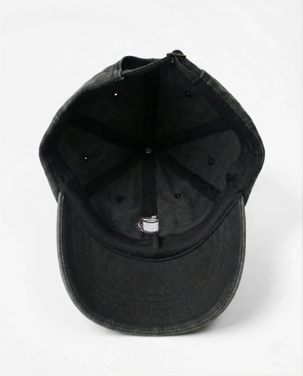 Coffee Cup dad hat in Black, inside view with label