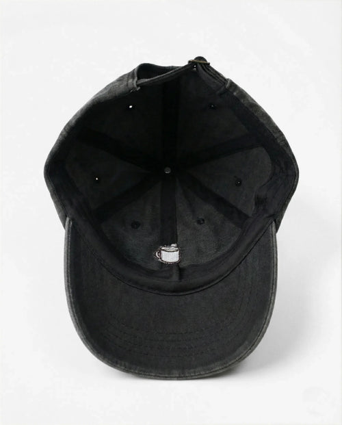 Coffee Cup dad hat in Black, inside view with label