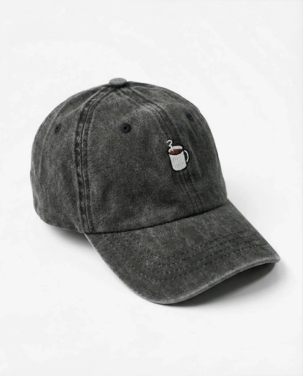 Coffee Cup dad hat in Black, side view: embroidered coffee cup, washed cotton