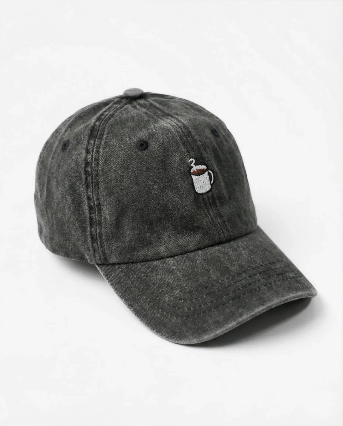 Coffee Cup dad hat in Black, side view: embroidered coffee cup, washed cotton