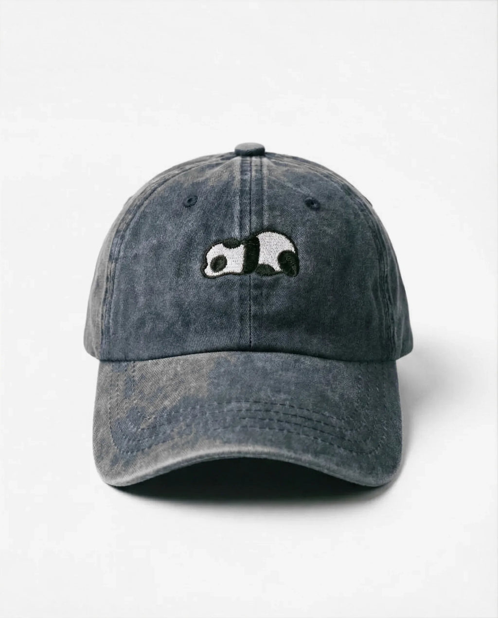 Lazy Panda dad hat in Blu navy, front view: embroidered sleepy panda, washed cotton