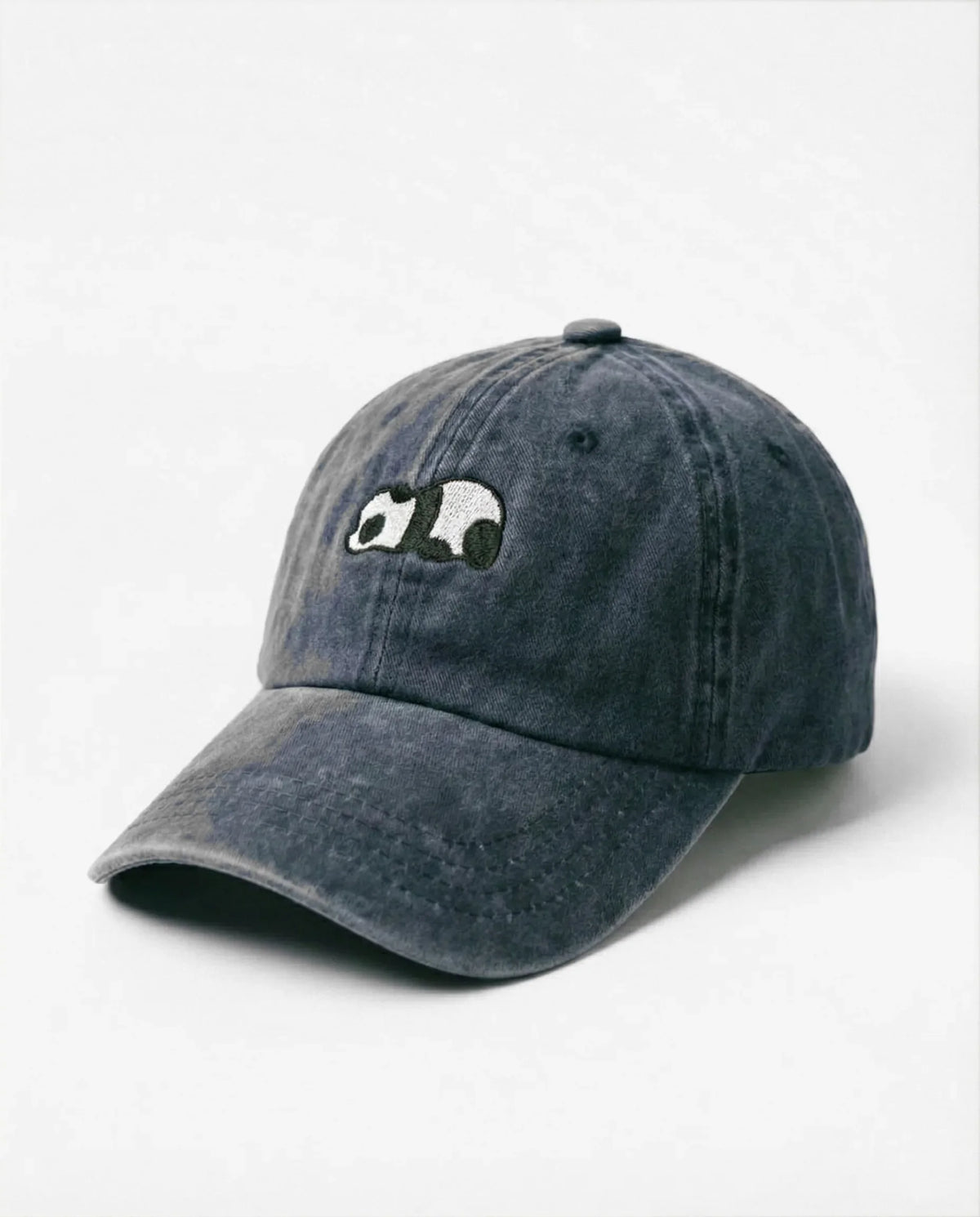 Lazy Panda dad hat in Blu navy, side view: embroidered sleepy panda, washed cotton