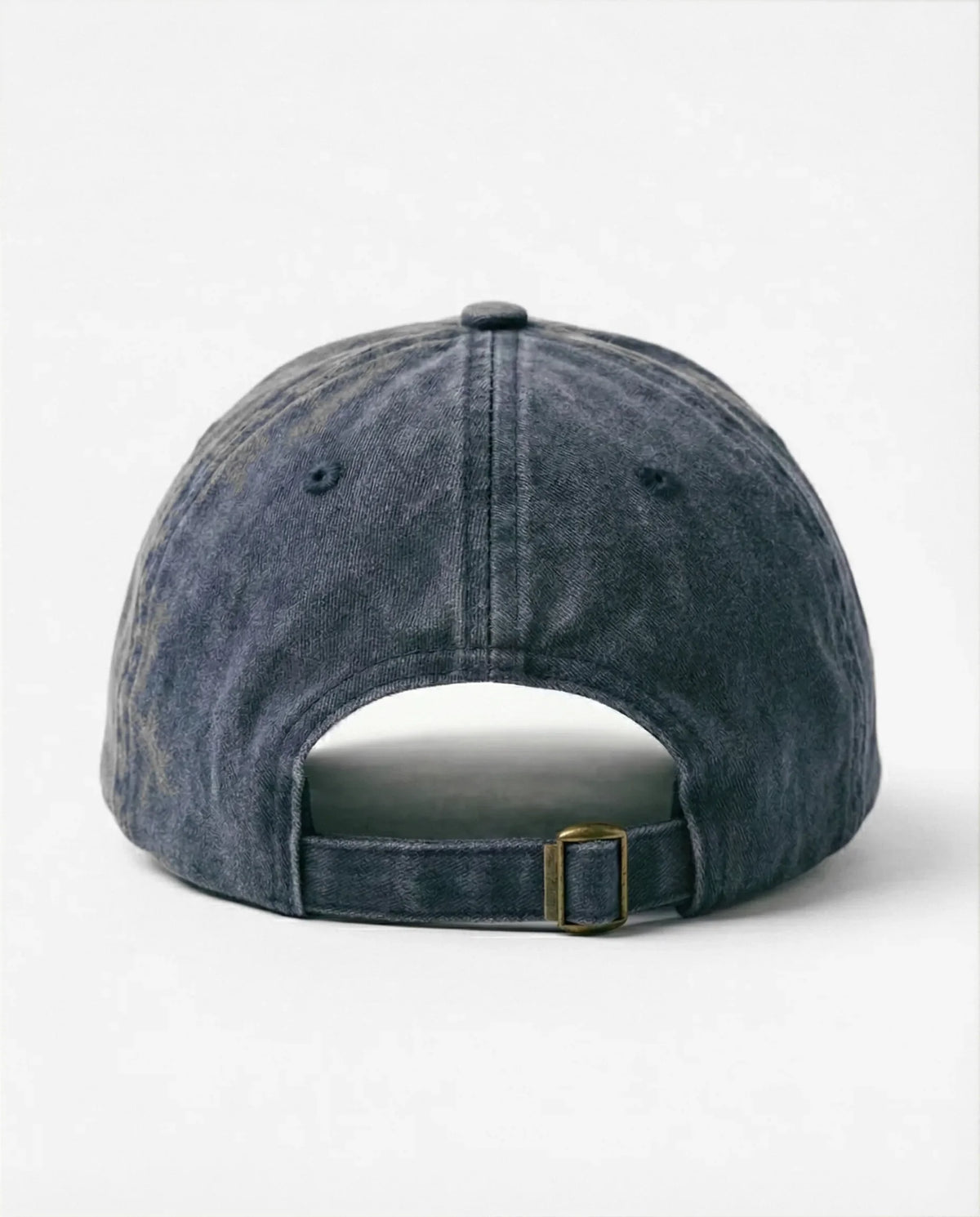 Lazy Panda dad hat in Blu navy, back view with brass buckle strap