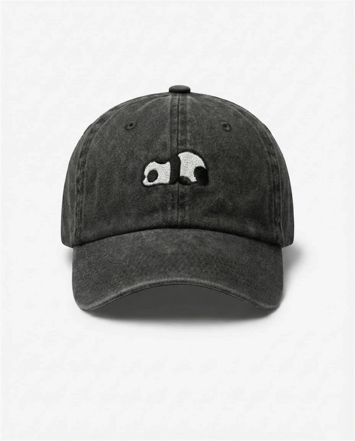 Lazy Panda dad hat in Black, front view: embroidered sleepy panda, washed cotton