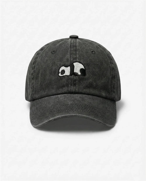 Lazy Panda dad hat in Black, front view: embroidered sleepy panda, washed cotton