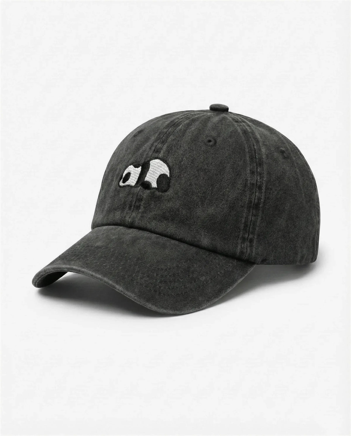 Lazy Panda dad hat in Black, side view: embroidered sleepy panda, washed cotton