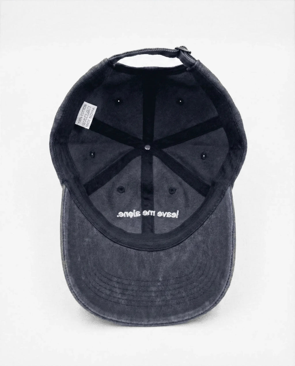 Leave me alone. dad hat in Blu navy, inside view with label