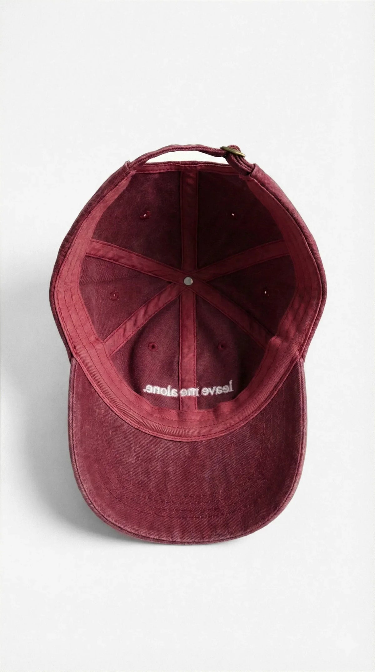 Leave me alone. dad hat in Burgundy, inside view with label