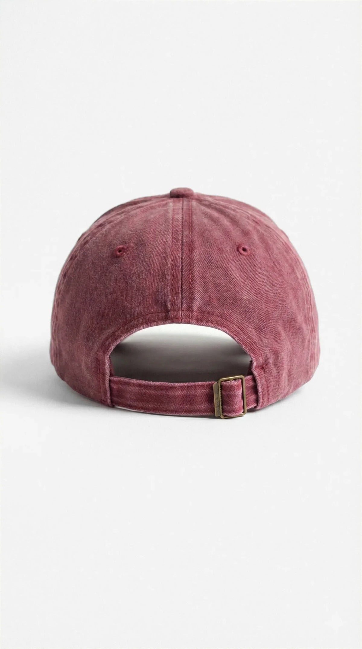 Leave me alone. dad hat in Burgundy, back view with brass buckle strap