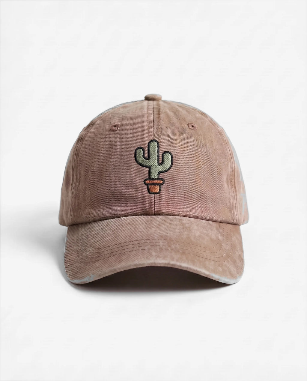 The Cactus dad hat in Kaki, front view: embroidered potted cactus, washed cotton