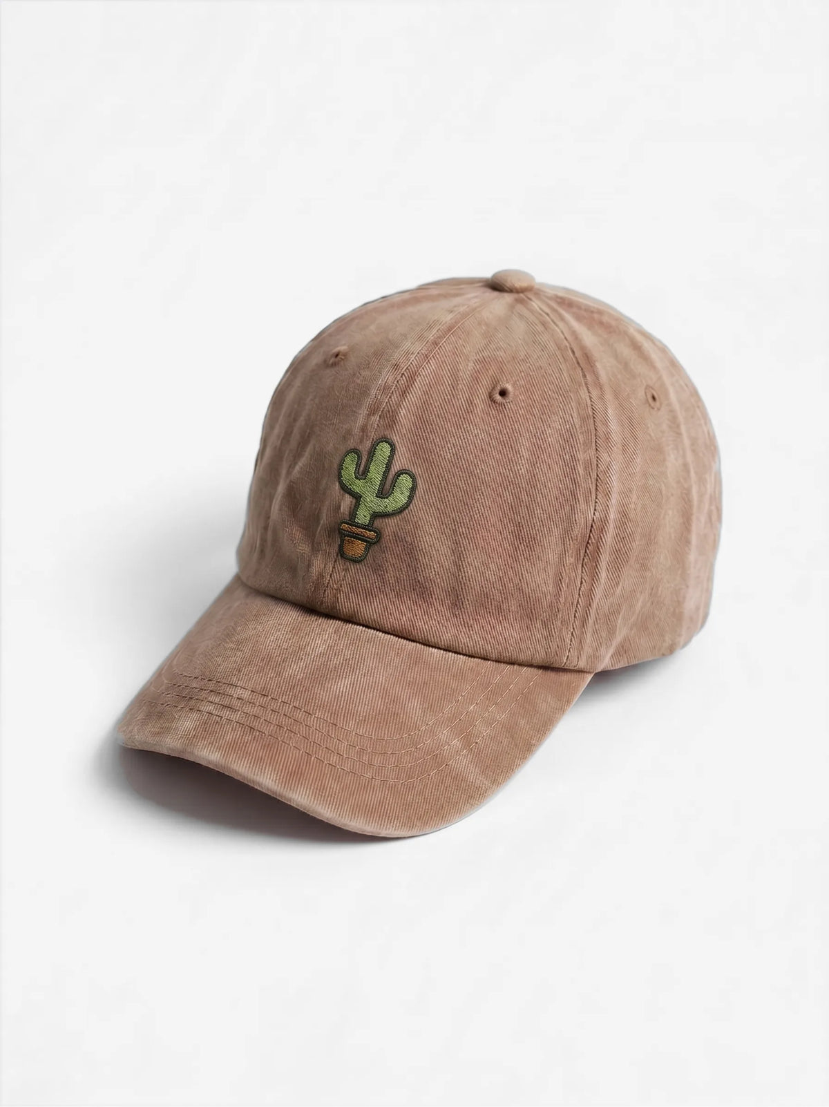 The Cactus dad hat in Kaki, side view: embroidered potted cactus, washed cotton