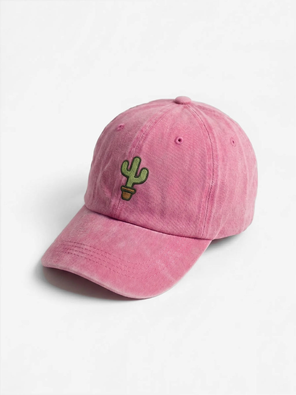 The Cactus dad hat in Rose, side view: embroidered potted cactus, washed cotton