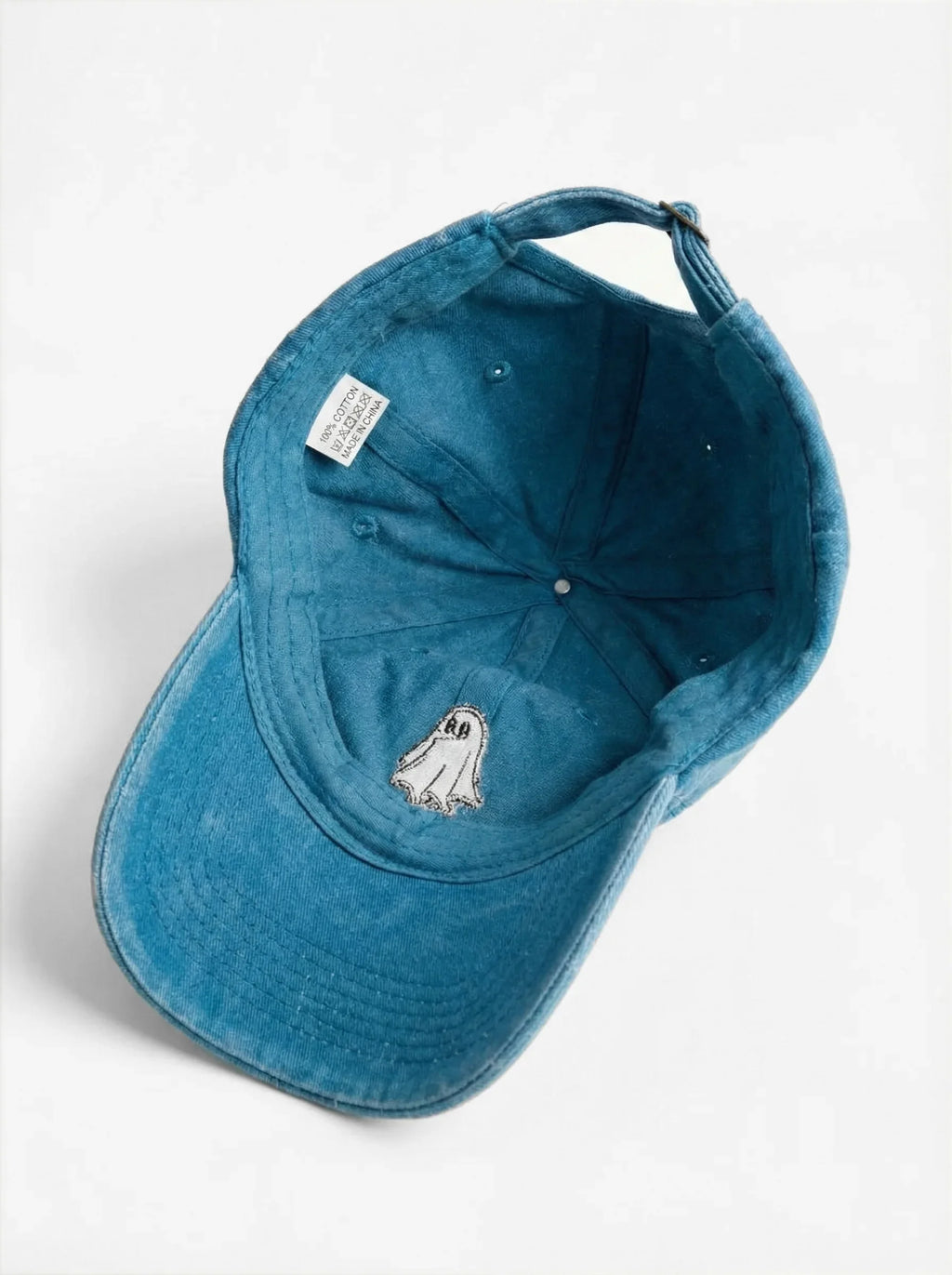The Ghost dad hat in Lake Blue, inside view with label
