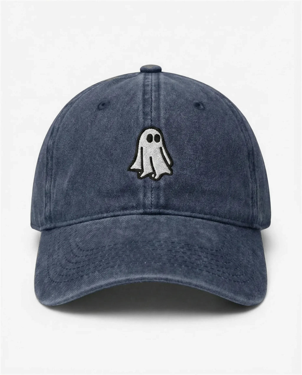 The Ghost dad hat in Blu navy, front view: embroidered little ghost, washed cotton