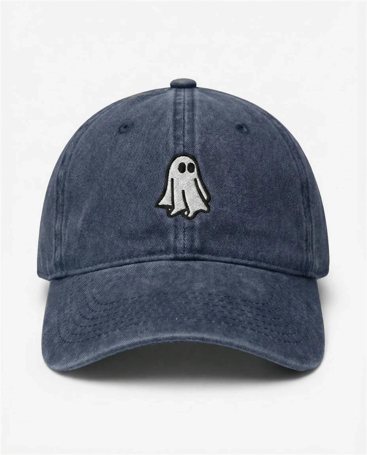 The Ghost dad hat in Blu navy, front view: embroidered little ghost, washed cotton