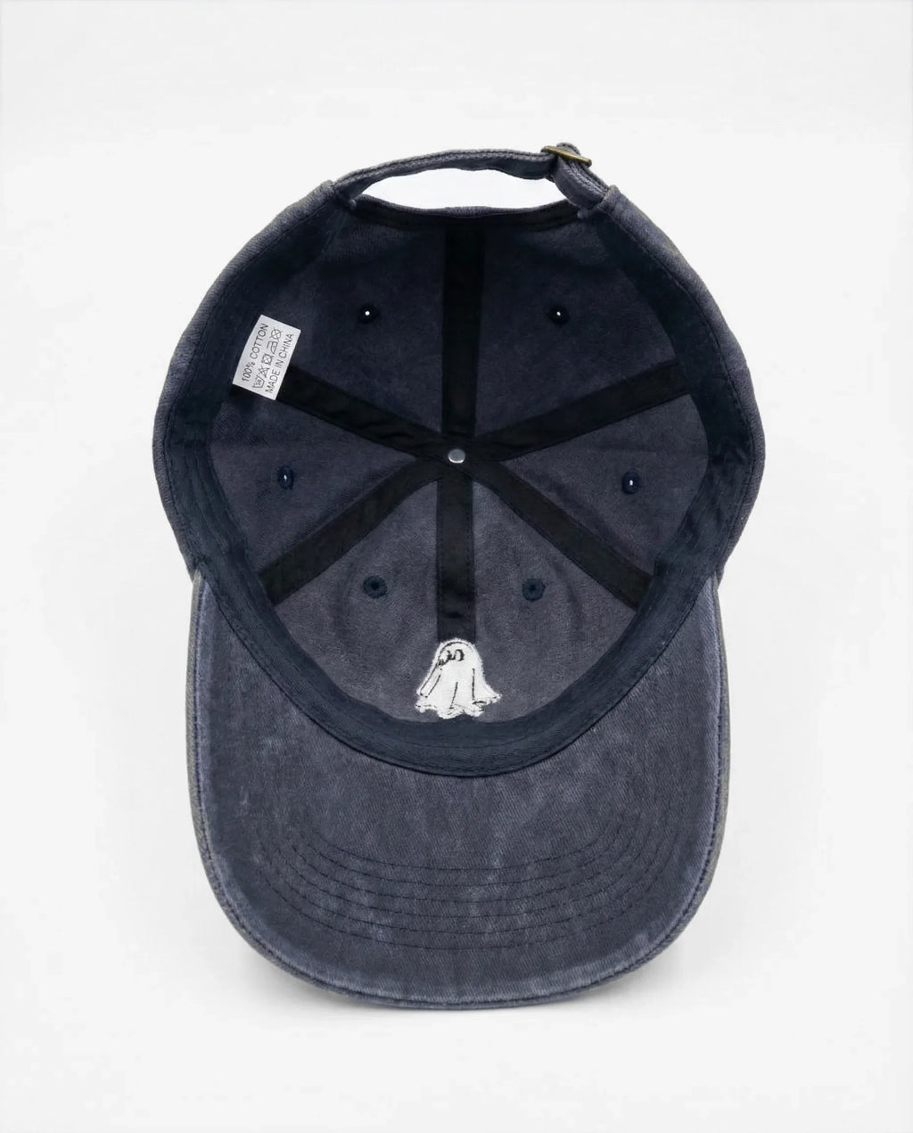 The Ghost dad hat in Blu navy, inside view with label