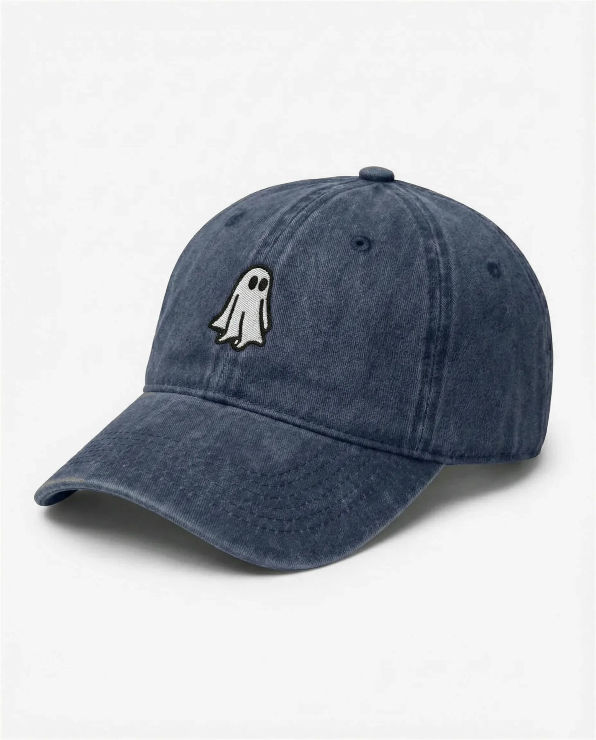 The Ghost dad hat in Blu navy, side view: embroidered little ghost, washed cotton
