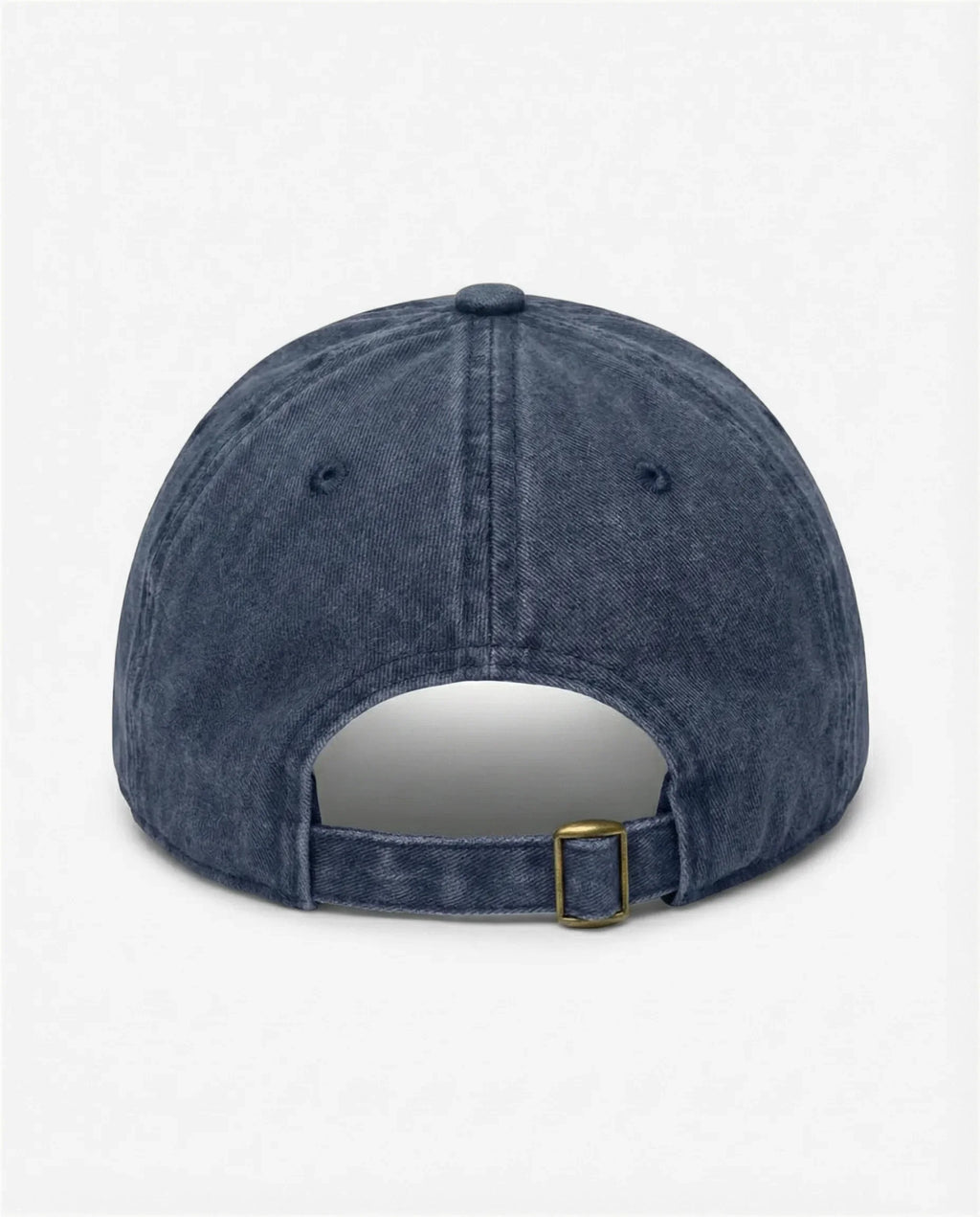 The Ghost dad hat in Blu navy, back view with brass buckle strap