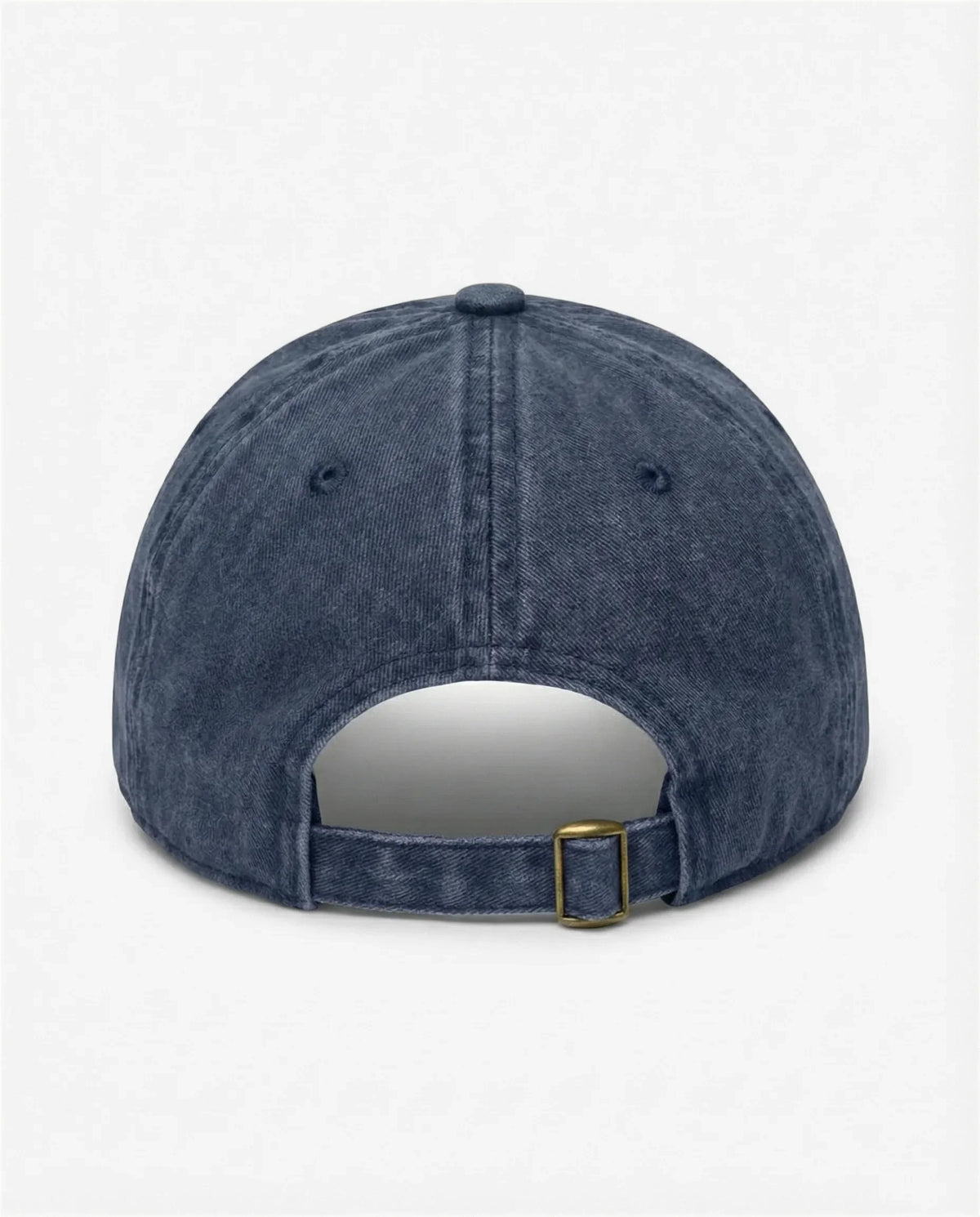 The Ghost dad hat in Blu navy, back view with brass buckle strap