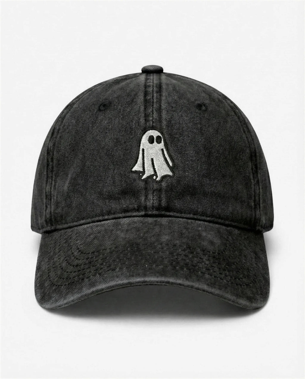 The Ghost dad hat in Black, front view: embroidered little ghost, washed cotton