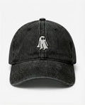 The Ghost dad hat in Black, front view: embroidered little ghost, washed cotton