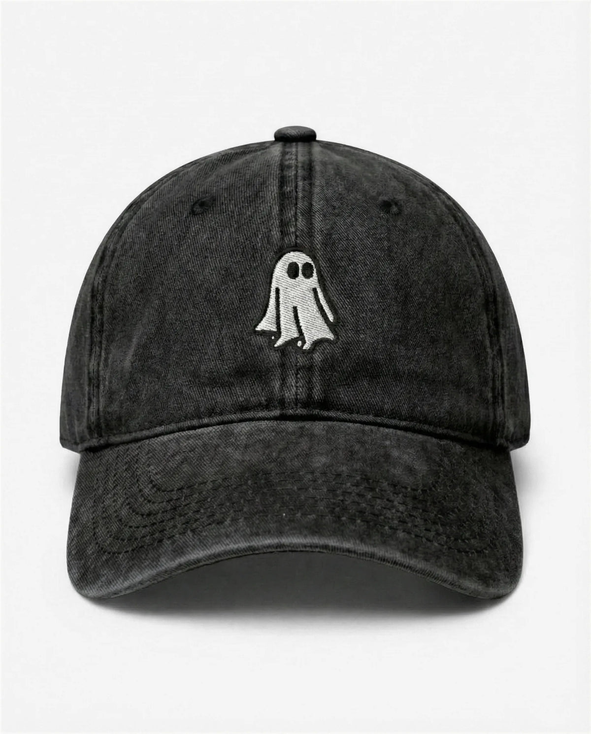 The Ghost dad hat in Black, front view: embroidered little ghost, washed cotton