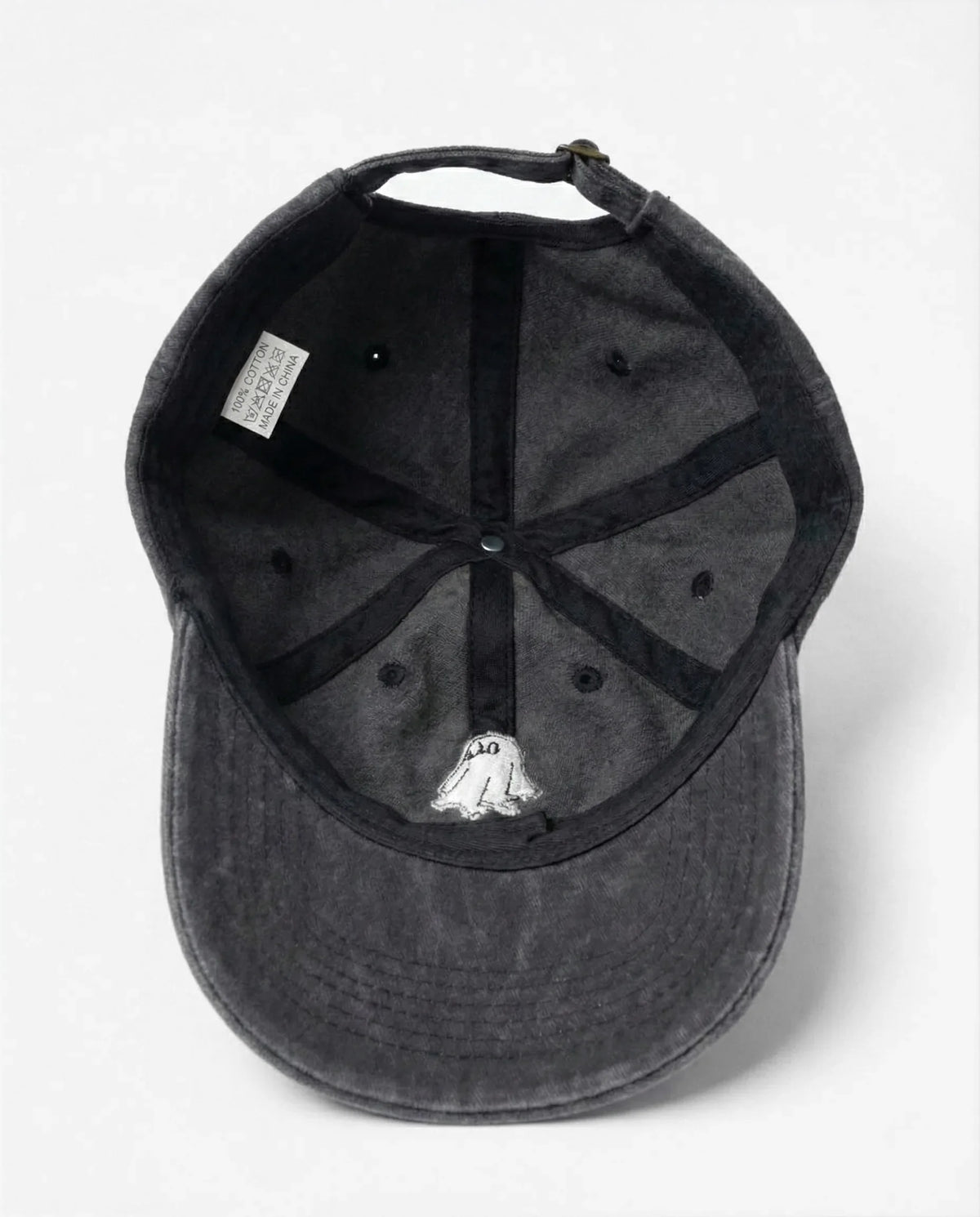 The Ghost dad hat in Black, inside view with label