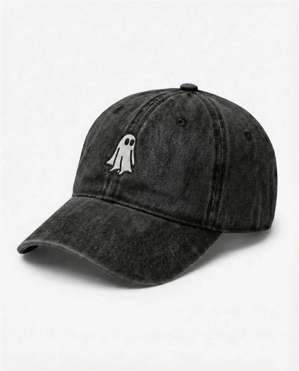 The Ghost dad hat in Black, side view: embroidered little ghost, washed cotton