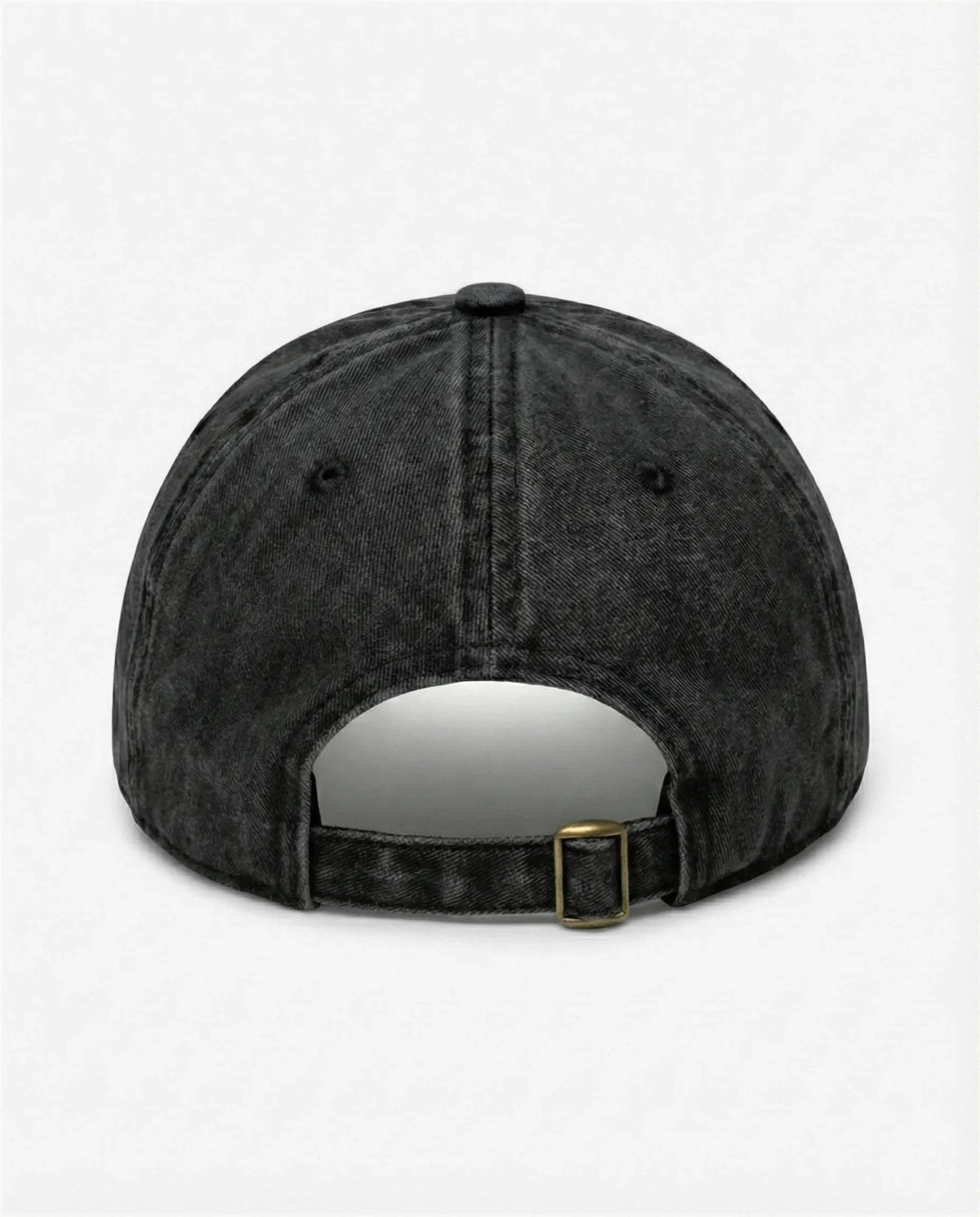 The Ghost dad hat in Black, back view with brass buckle strap