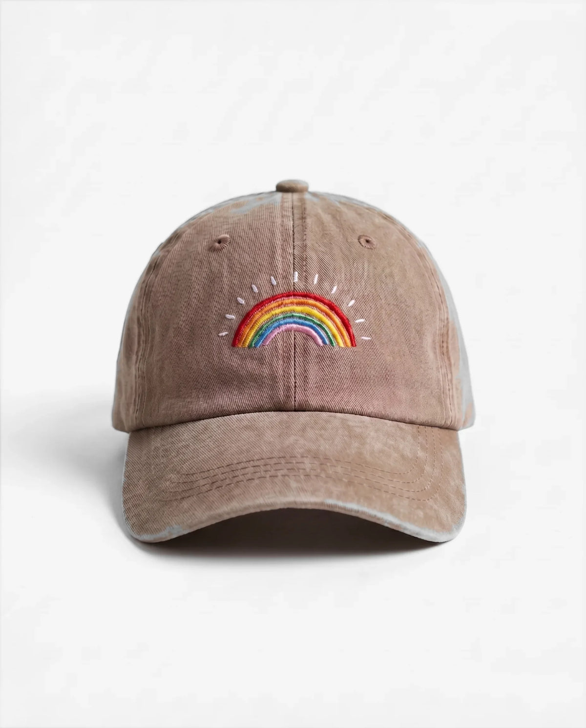 The Rainbow dad hat in Kaki, front view: embroidered rainbow, washed cotton
