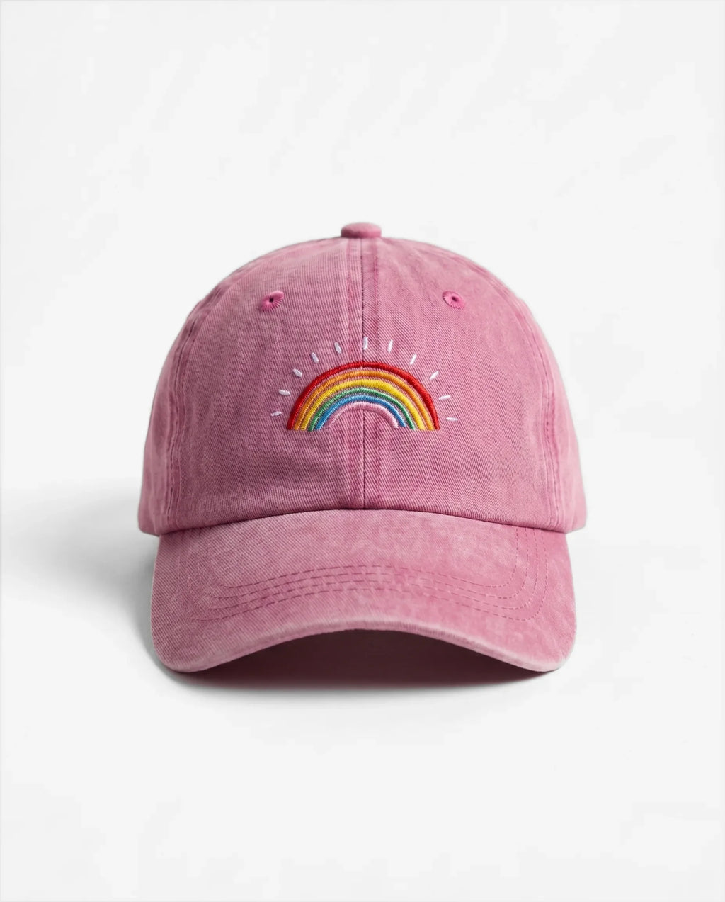 Cappellino The Rainbow rosa (Rose), vista frontale: arcobaleno ricamato, cotone lavato