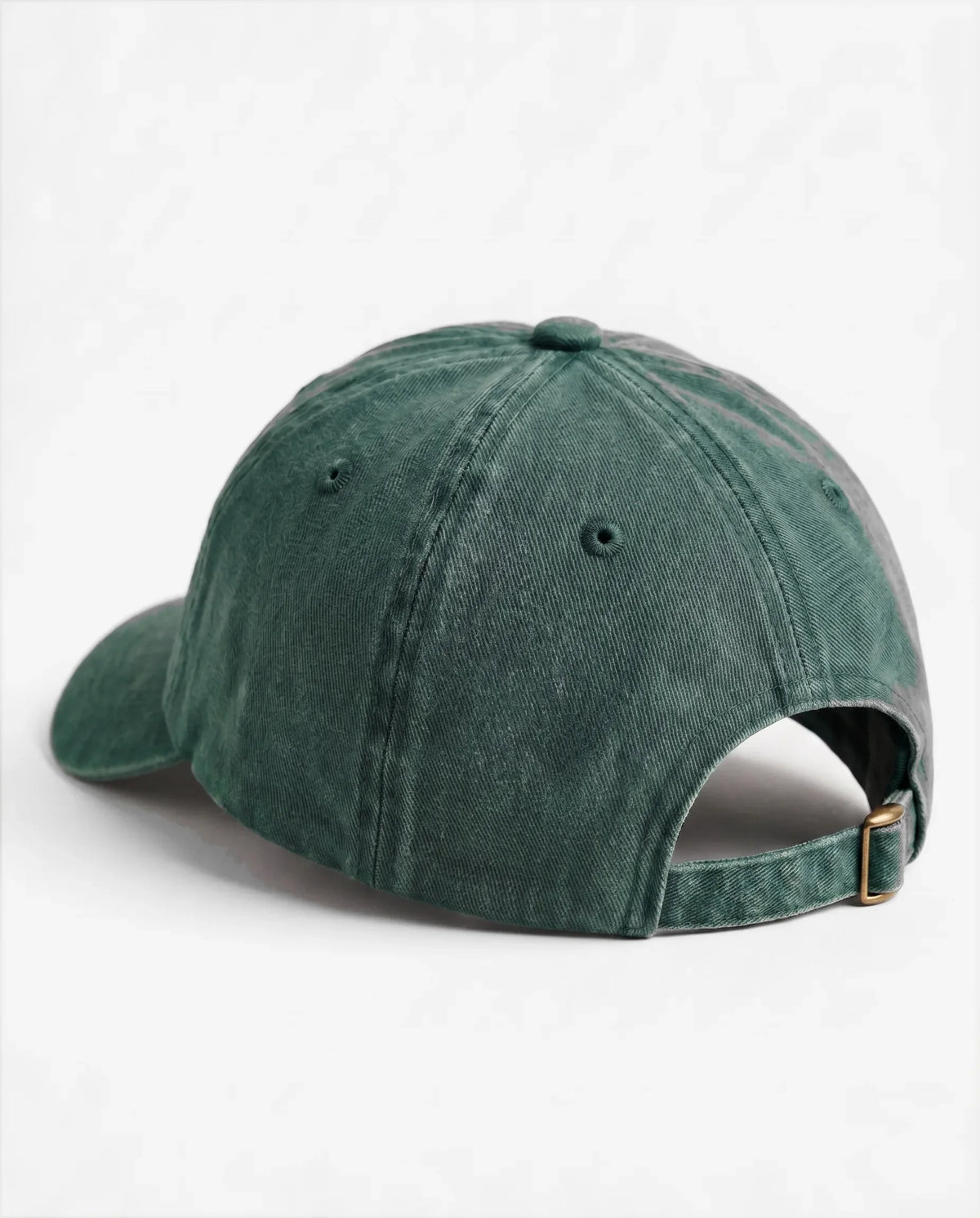 The Rainbow dad hat in Emerald Green, back view with brass buckle strap