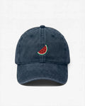 Watermelon dad hat in Blu navy, front view: embroidered watermelon slice, washed cotton