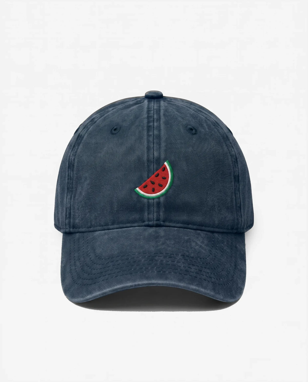 Watermelon dad hat in Blu navy, front view: embroidered watermelon slice, washed cotton